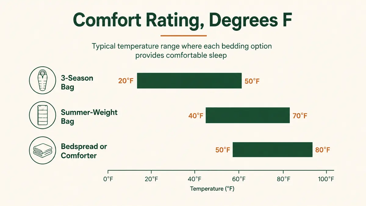 Chart comparing comfort temperature ratings across three sleeping bag types