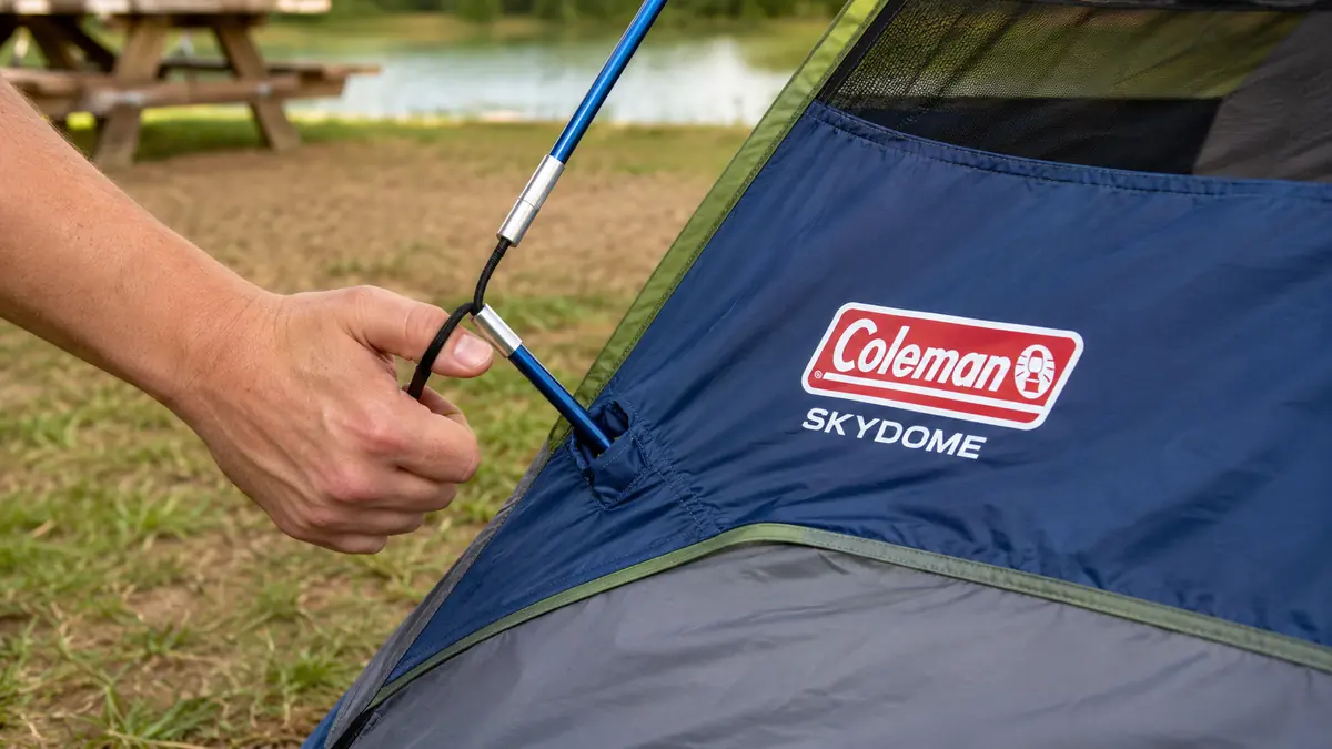 Hands threading a color-coded tent pole through the Skydome's sleeve during setup