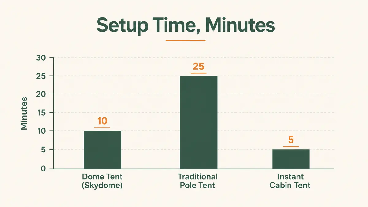 Bar chart comparing setup time in minutes across three family tent styles
