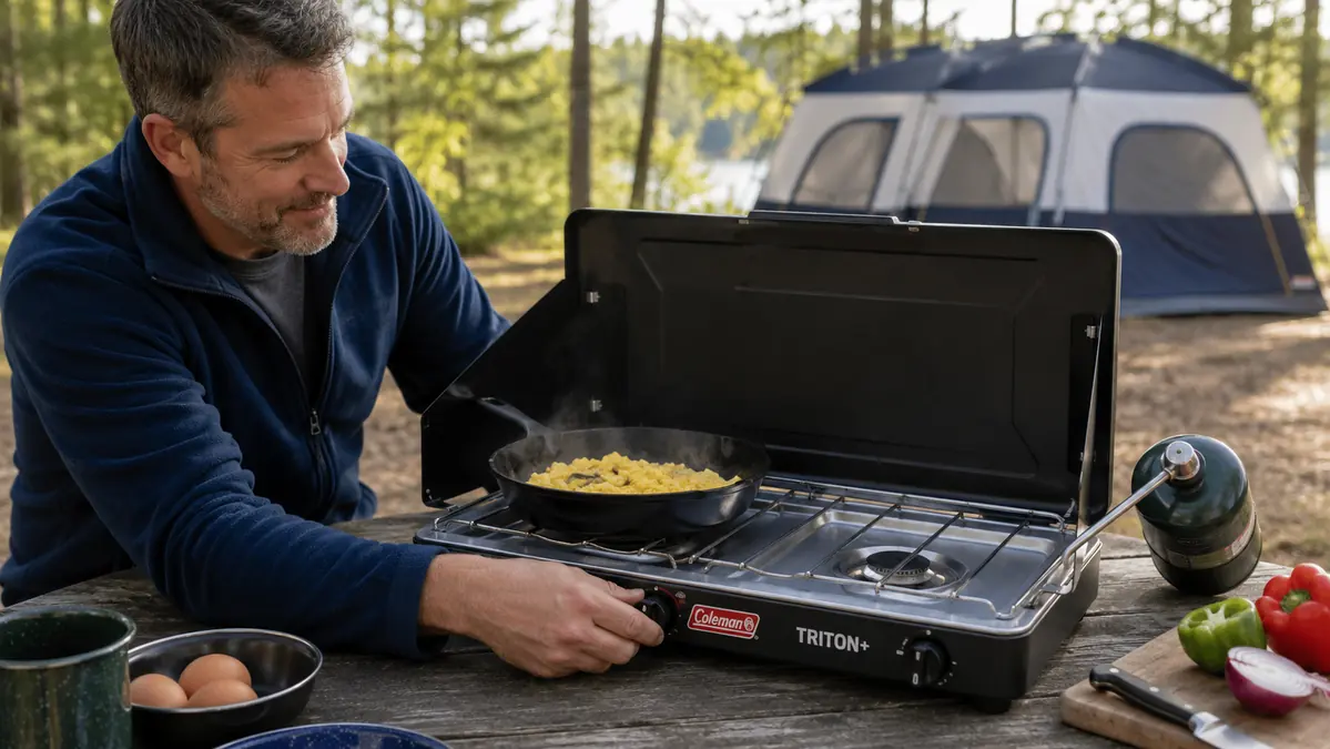 Hand adjusting a burner knob on the Coleman Triton+ stove with a skillet of eggs cooking
