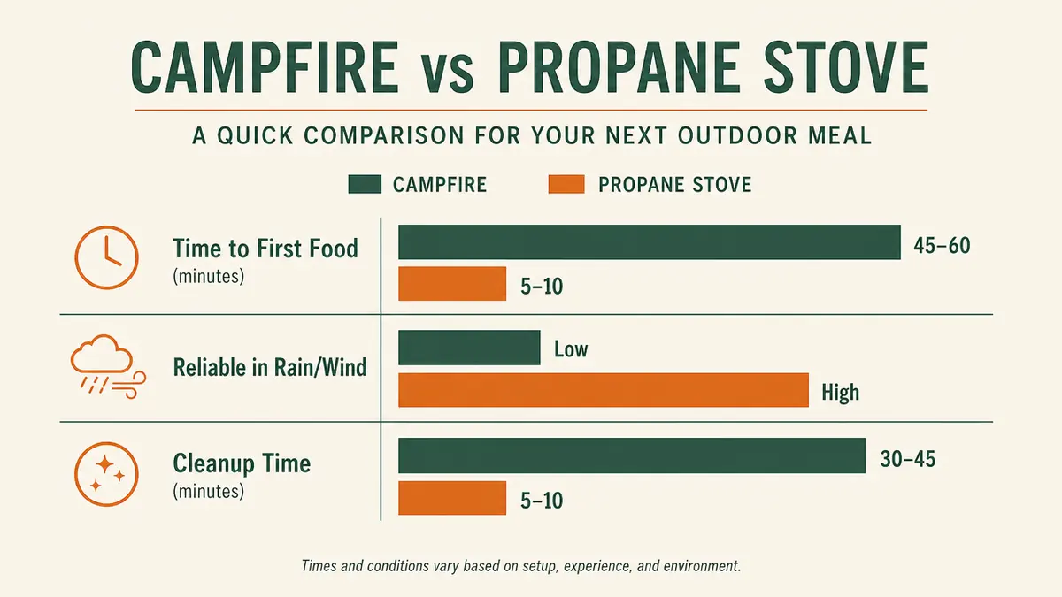 Comparison chart showing campfire cooking versus propane stove cooking across time to first food, weather reliability, and cleanup effort