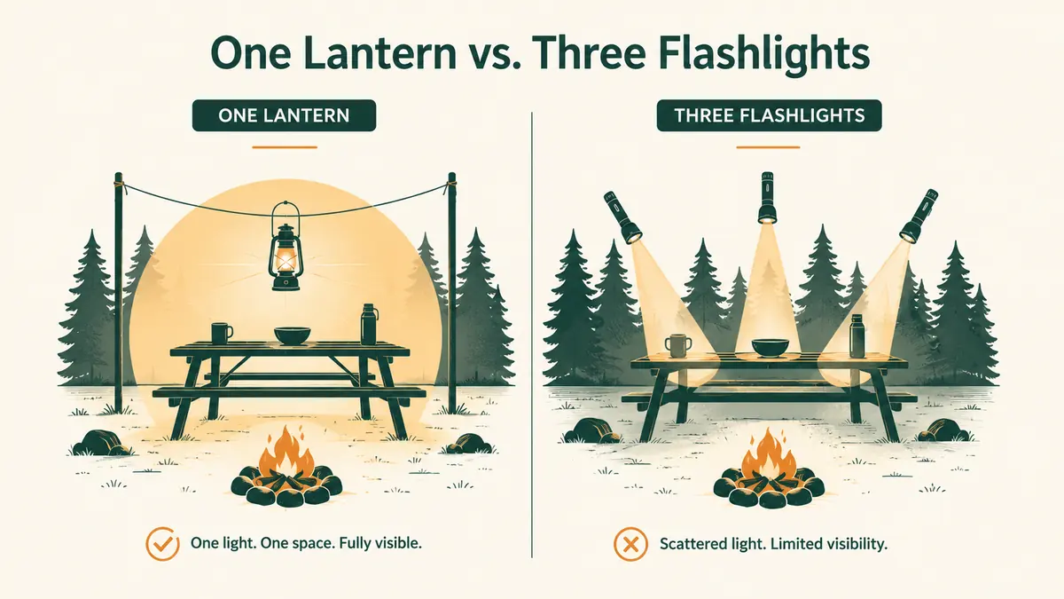 Chart comparing one lantern lighting a whole picnic table versus three separate flashlight beams pointed in different directions