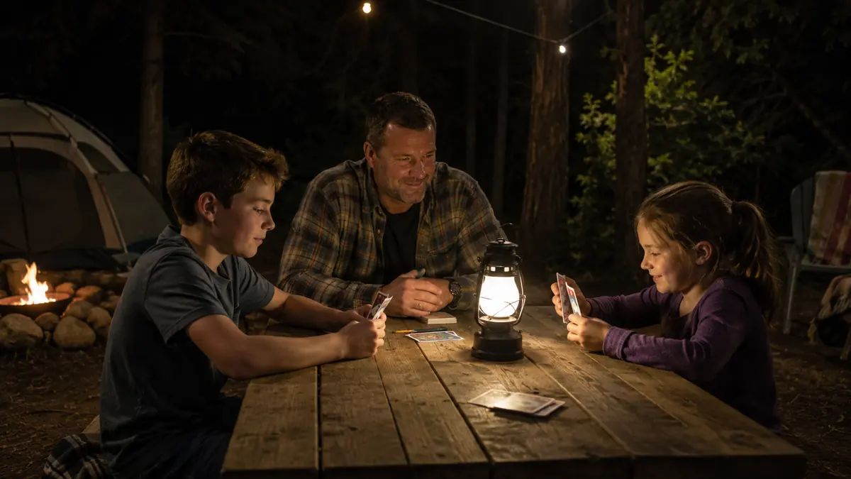 Two kids sitting at a picnic table playing a card game lit by one central lantern at night