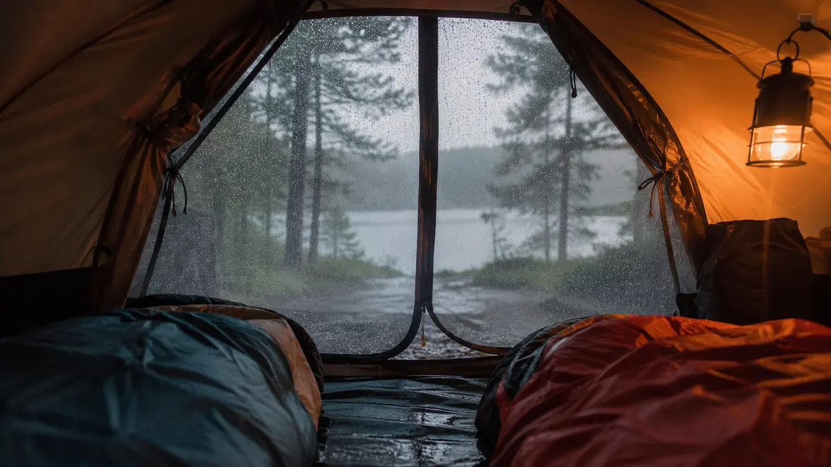 Two kids in sleeping bags inside a dry, lit tent while rain streaks the fly outside