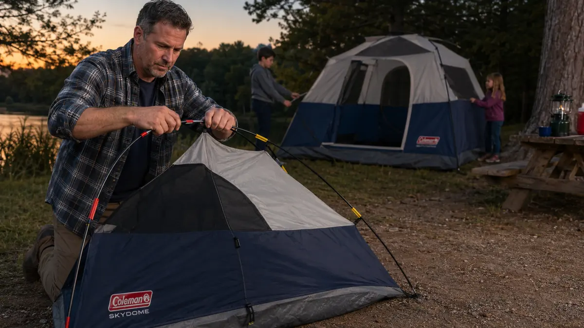 Man kneeling to hub the poles of the Coleman Skydome while a taller instant cabin tent sits half-unfolded nearby