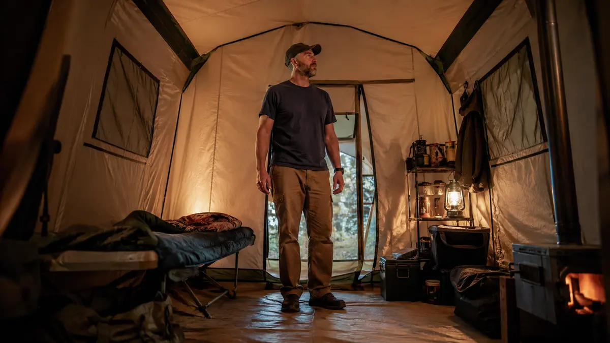 Interior comparison shot of a person standing upright inside a tall cabin-style tent with vertical walls