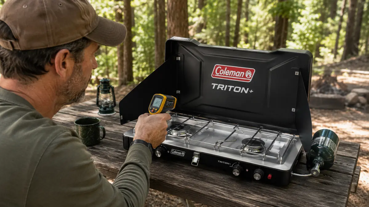 Hand pointing an infrared thermometer at the Coleman Triton+ burner grate to check simmer temperature