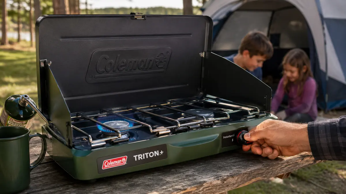 Hand pressing the InstaStart ignition button on the Coleman Triton+ burner with the wind guard flipped up
