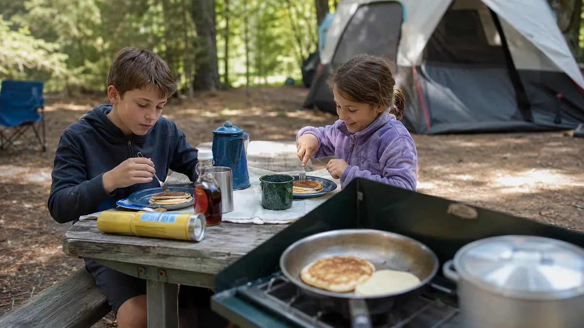 Two kids sitting at a picnic table eating pancakes while a stove cooks in the foreground at a campsite