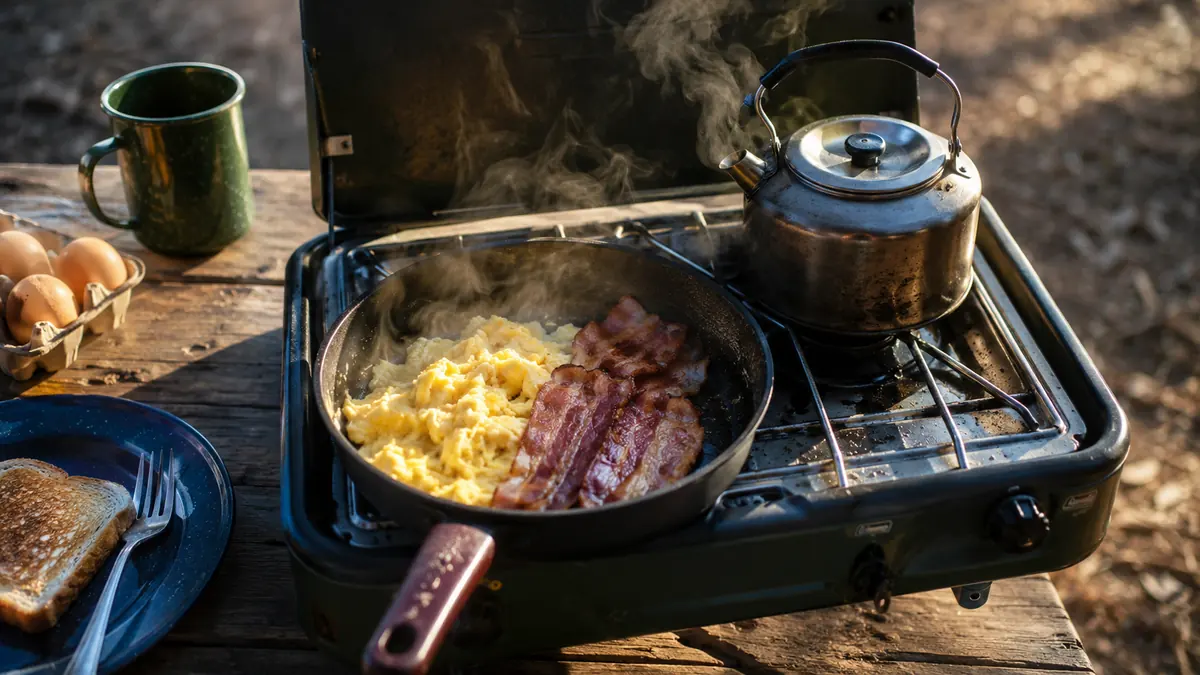 A skillet of scrambled eggs and bacon cooking on one burner while a kettle heats on the other