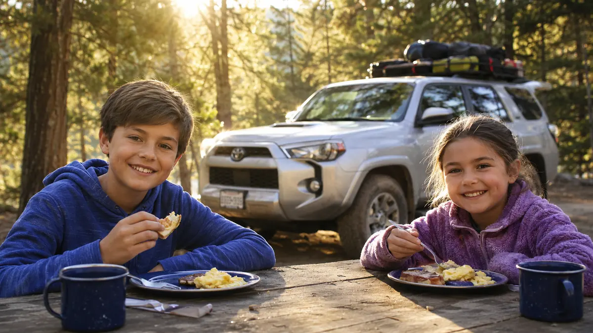 Two kids eating breakfast off camp plates at a picnic table with a packed 4Runner in the background