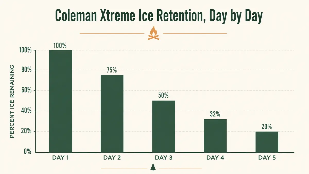 Bar chart showing remaining ice percentage in the Coleman Xtreme cooler over 5 days