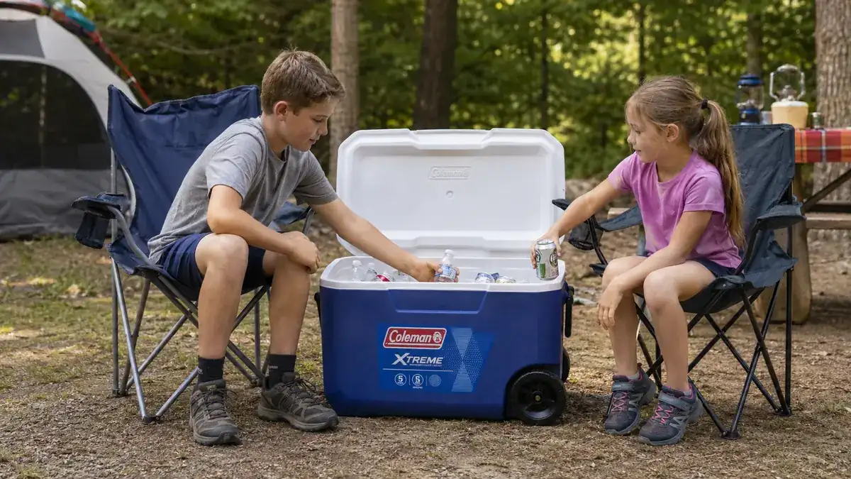 Two kids sitting on camp chairs next to the Coleman Xtreme cooler pulling out juice boxes