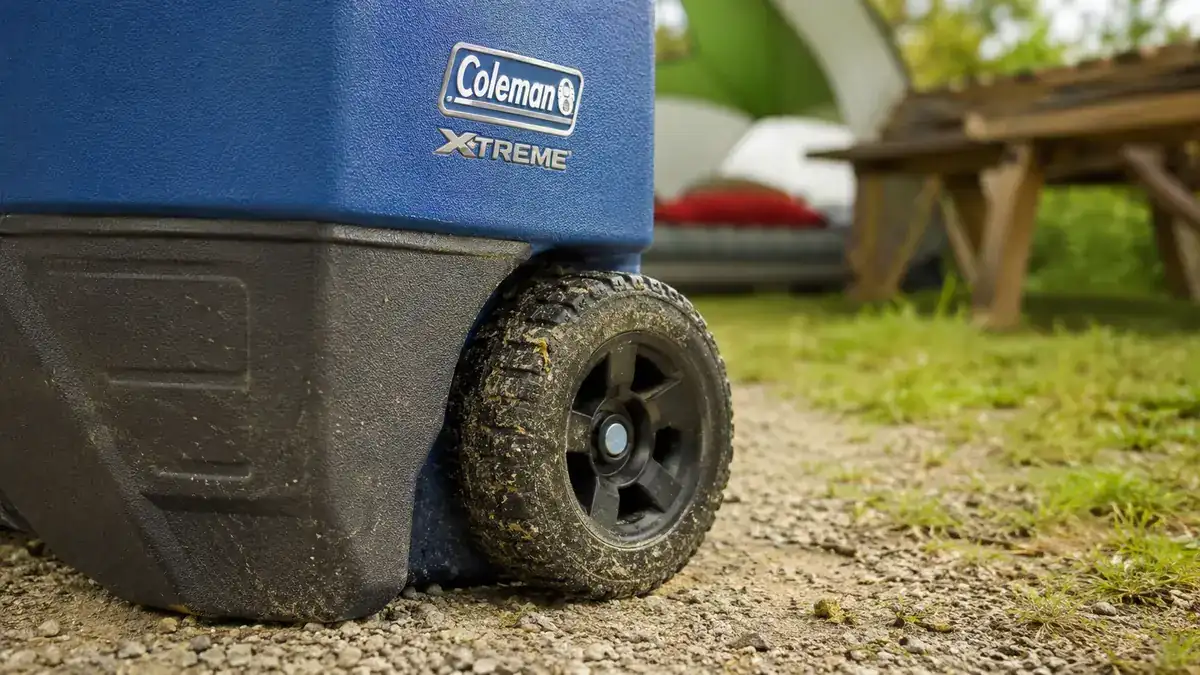Close-up of the Coleman Xtreme cooler's wheel and axle assembly after a season of gravel roads