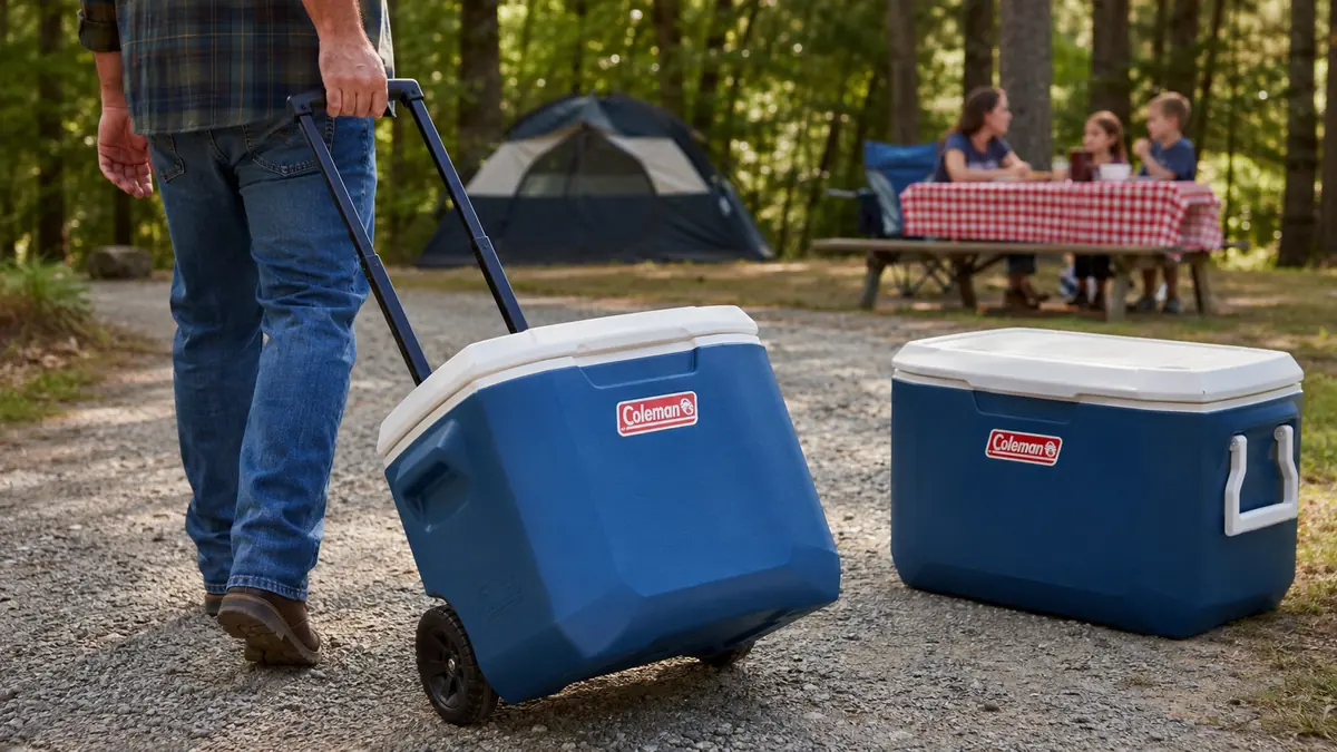 Hand pulling the telescoping handle on the Coleman Xtreme rolling cooler across a gravel campground road