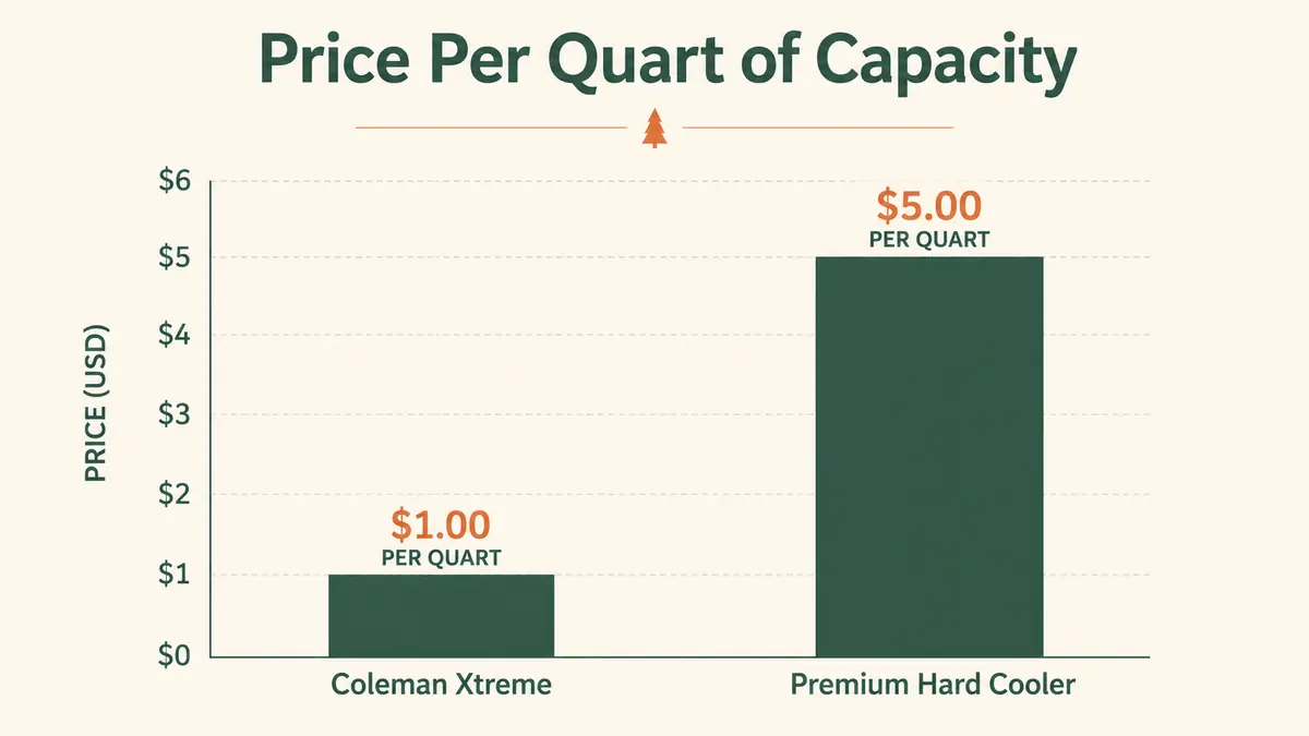 Bar chart comparing price per quart of capacity between the Coleman Xtreme and a premium hard-sided cooler