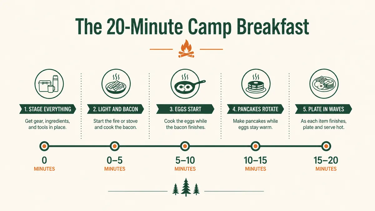 Timeline chart showing the twenty-minute camp breakfast sequence broken into five stages