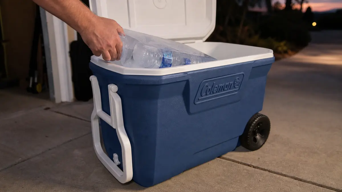Hands loading frozen water bottles and a block of ice into the bottom of a Coleman Xtreme rolling cooler