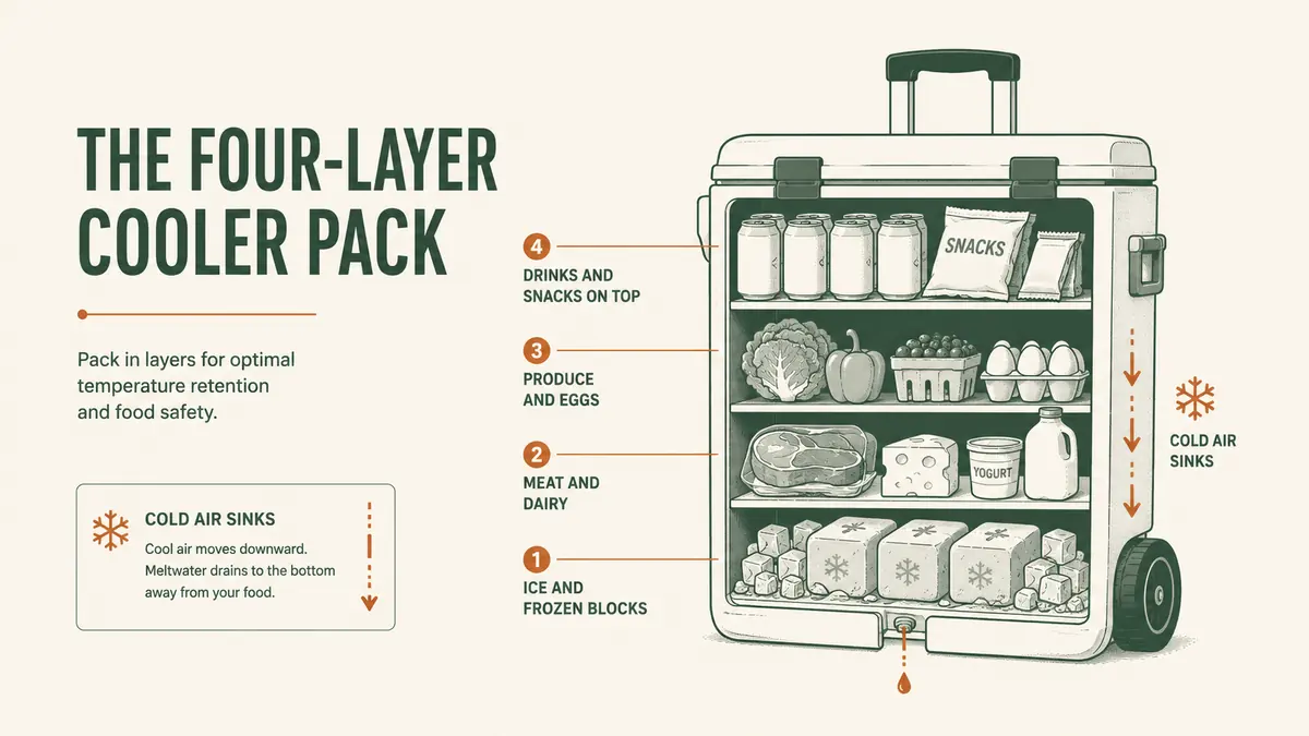 Diagram showing the four packing layers inside a rolling cooler from bottom to top
