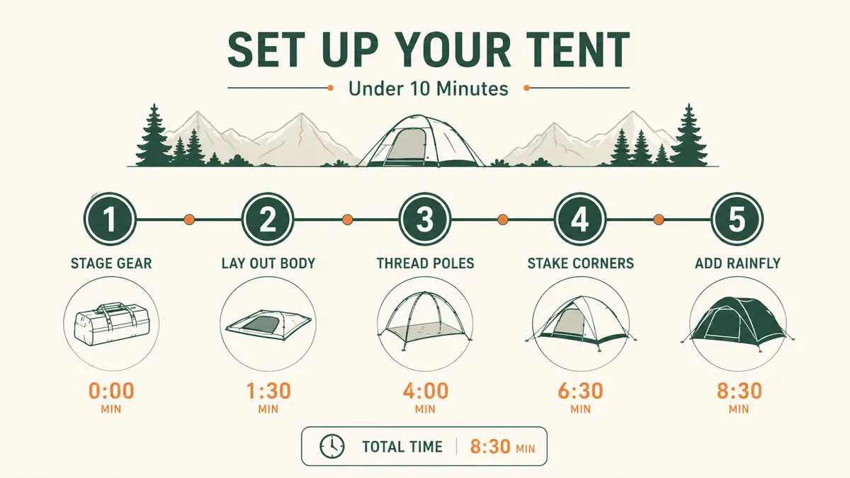Simple step-by-step chart showing the five setup stages and approximate time for each