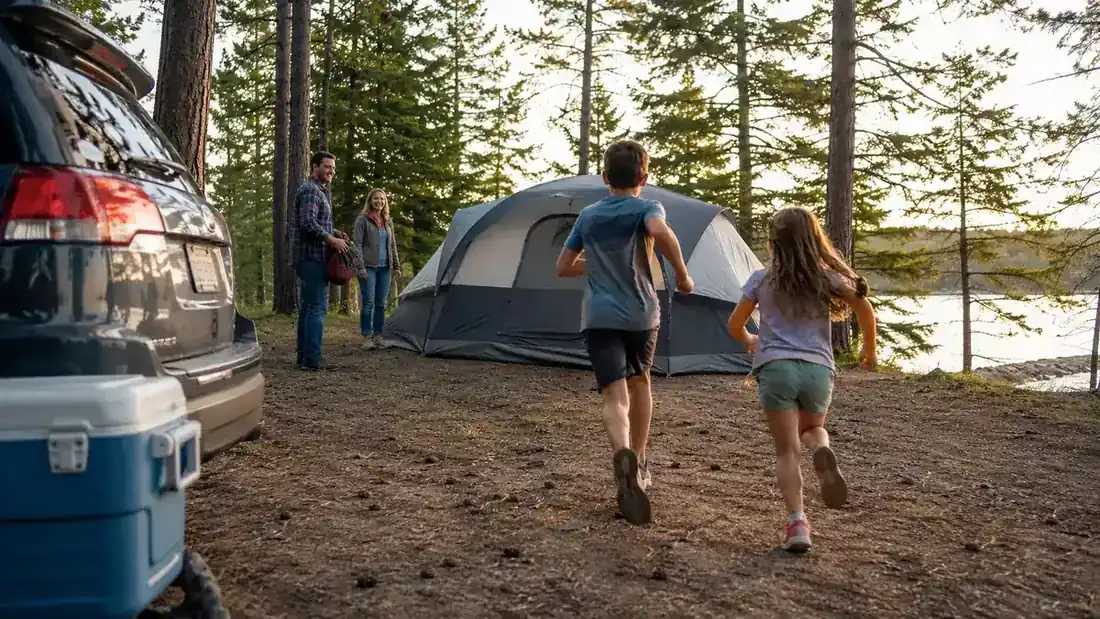 Fully staked Coleman Skydome tent with rainfly attached, two kids running toward it across a campsite clearing