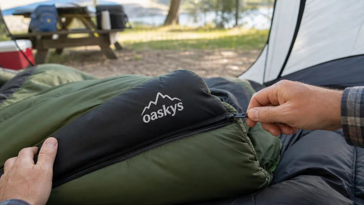 A hand pulling the zipper on the oaskys sleeping bag up and down to test for snagging at a campsite