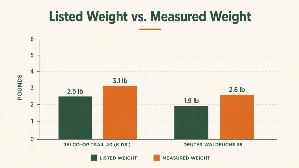 Chart comparing the sleeping bag's listed weight on the box to what it actually weighed on a kitchen scale