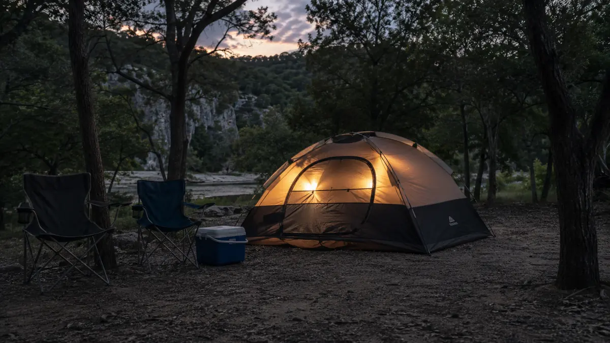 A tent glowing softly from the inside at a quiet campsite at Turner Falls in the evening