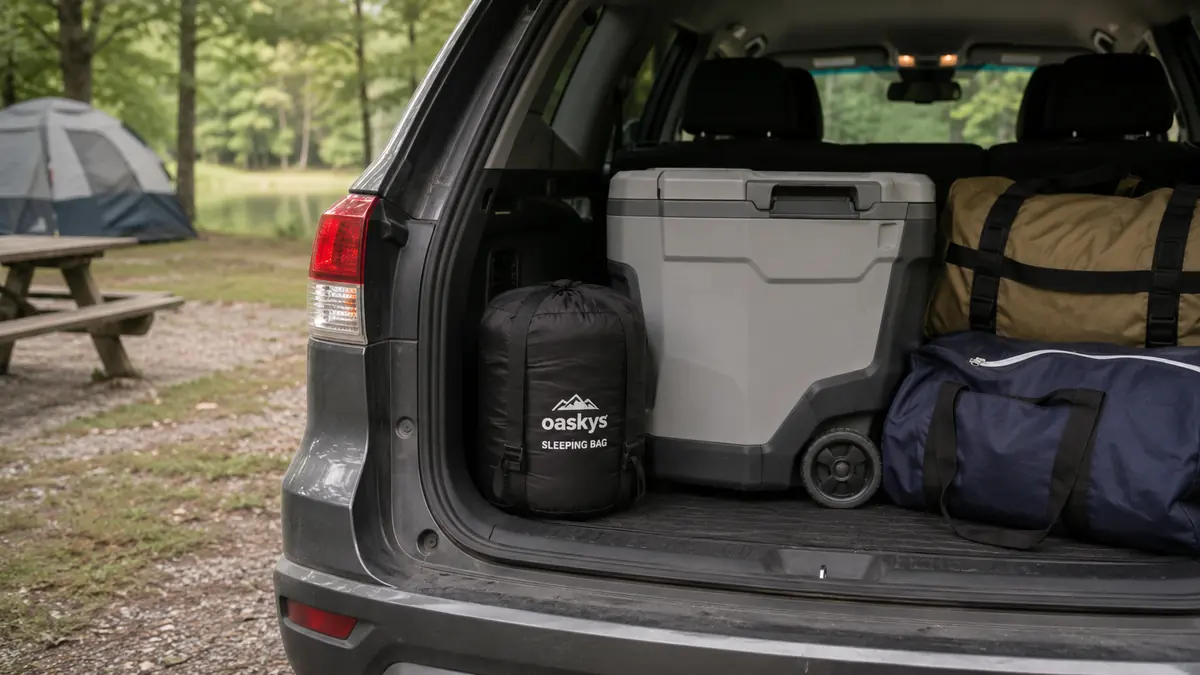 The oaskys sleeping bag compressed into its stuff sack next to a backpack and cooler in the back of an SUV