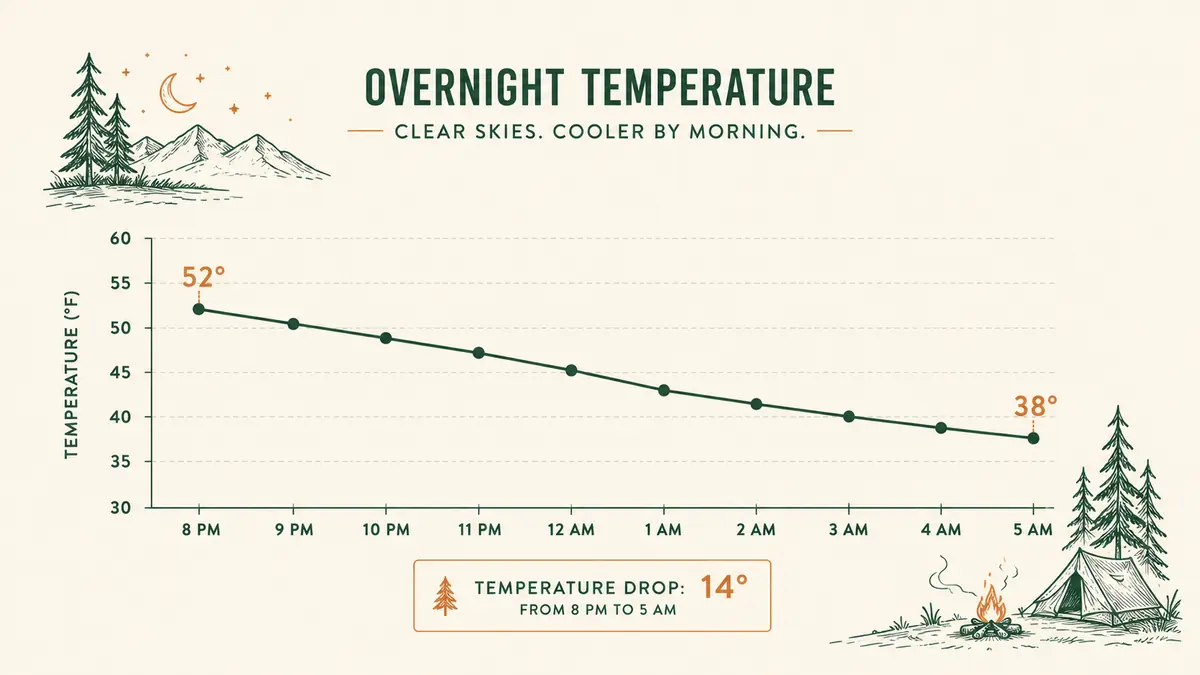 A thermometer reading in the upper thirties clipped to a tent's gear loft in early morning light