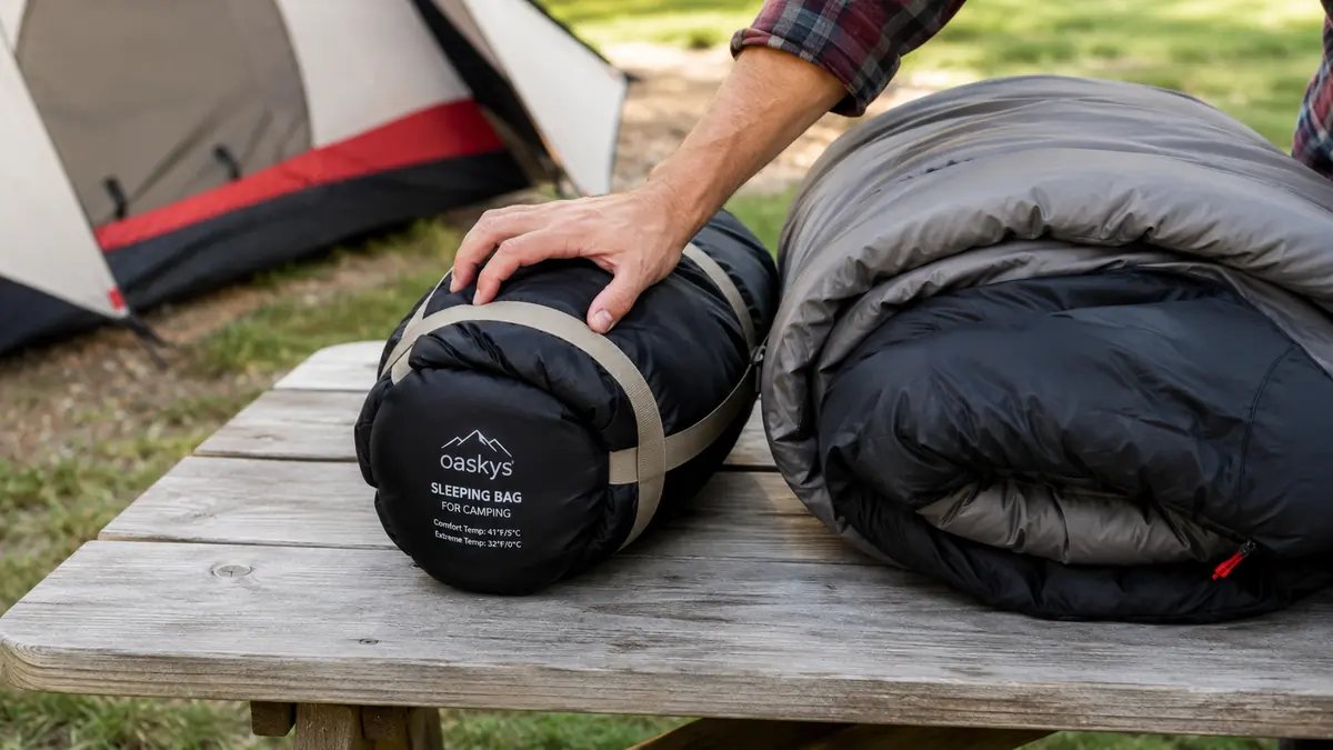 Hand compressing the oaskys sleeping bag into its stuff sack next to a larger Coleman sleeping bag for a size comparison