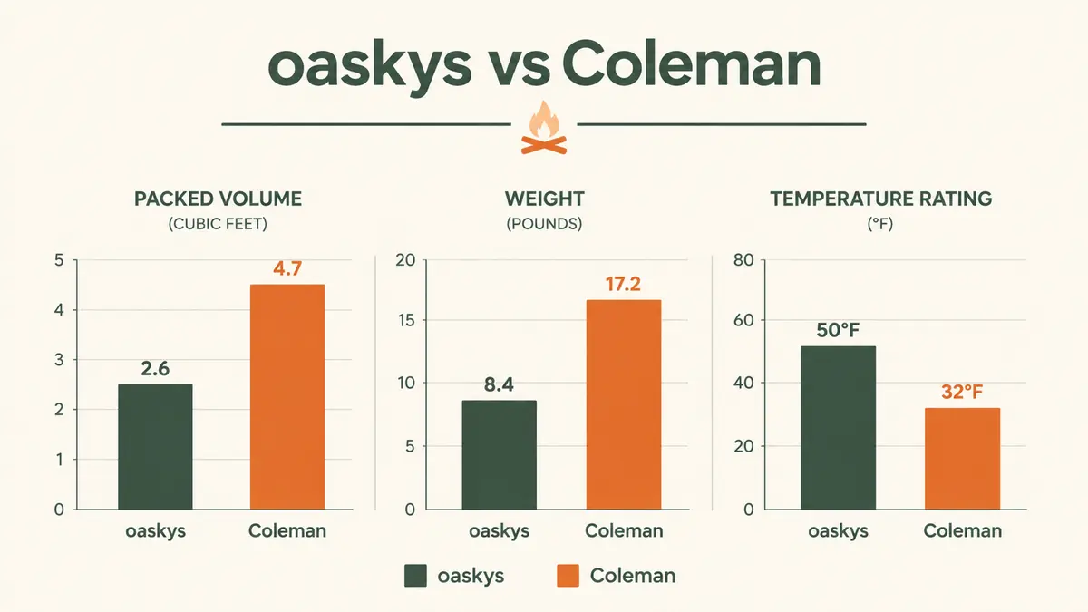 Chart comparing packed size, weight, and temperature rating between the oaskys and Coleman sleeping bags