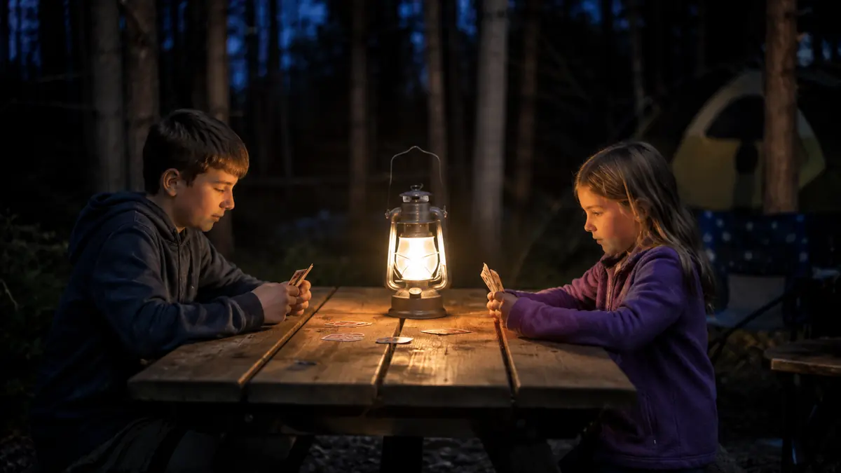 Two kids playing cards at a picnic table lit by a single lantern at night