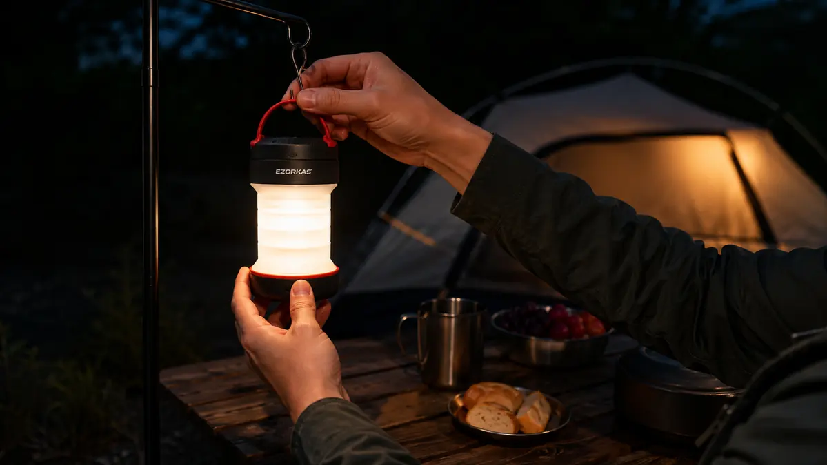 Hand hanging a rechargeable lantern from a picnic table umbrella pole during a power outage at night