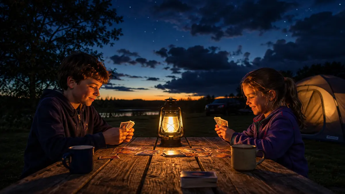 Two kids sitting at a lantern-lit picnic table playing cards while a storm clears in the background