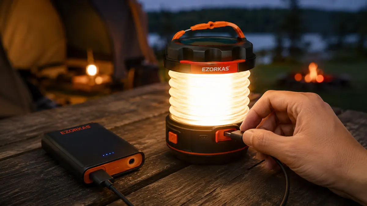 A hand plugging a USB-C cable into the EZORKAS lantern's charging port next to a portable power bank