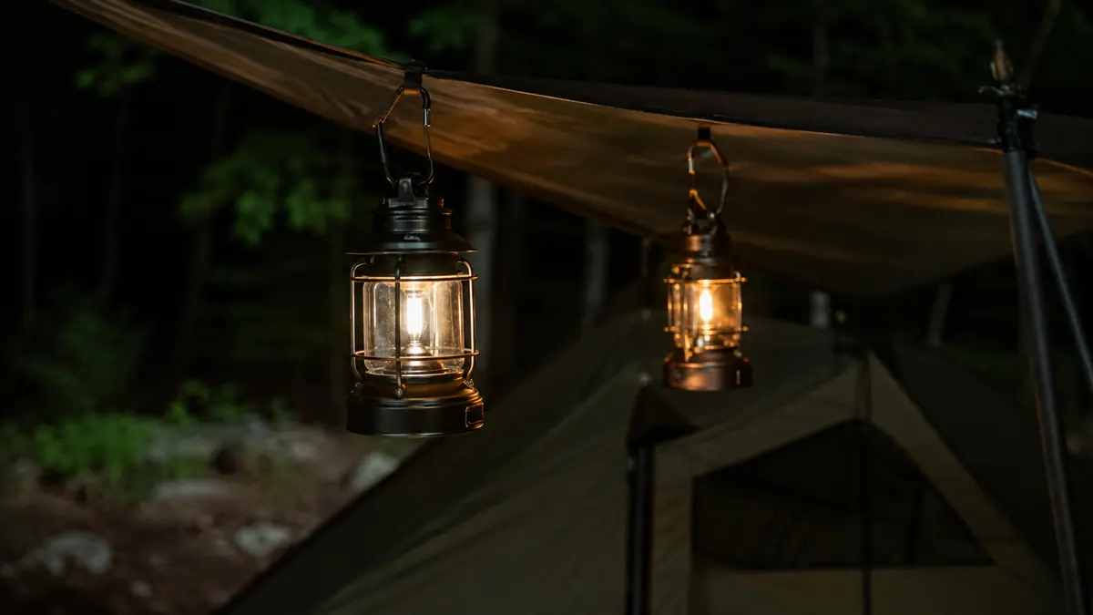 Two lanterns hanging from a tent awning, one glowing steady white light and one showing a dimmer amber battery-low warning